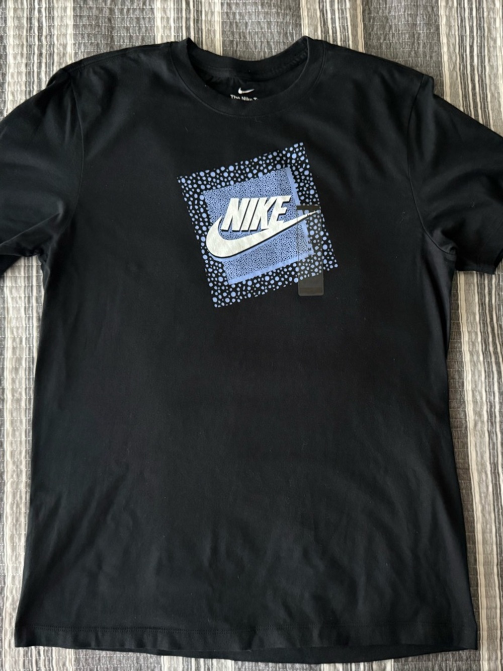 Nike Black Tee with Blue Dot Square and White Swoosh